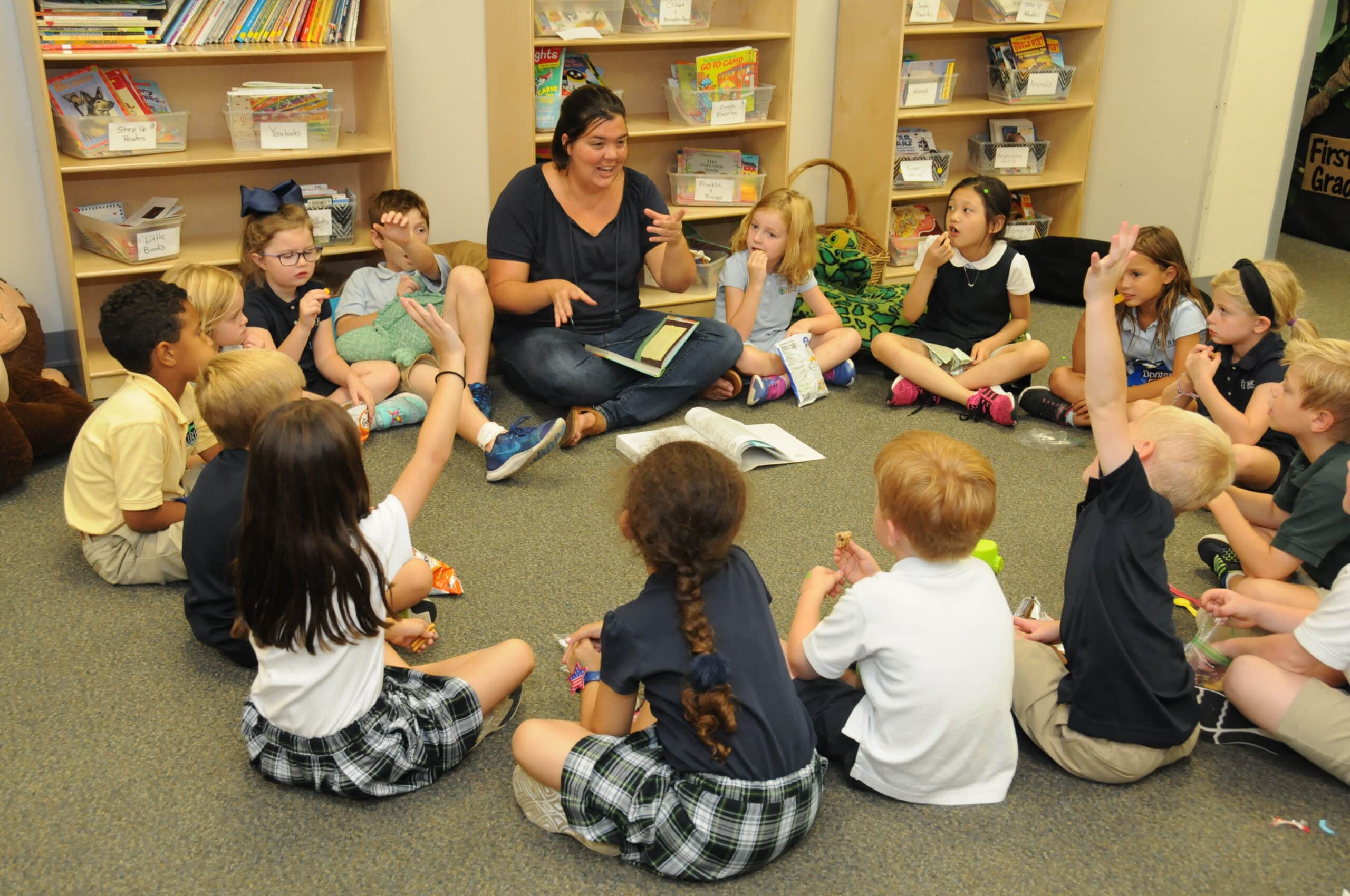 Photo of Evelyn Reith, Bible teacher at Kirk Day School in St. Louis, Missour, with her students.