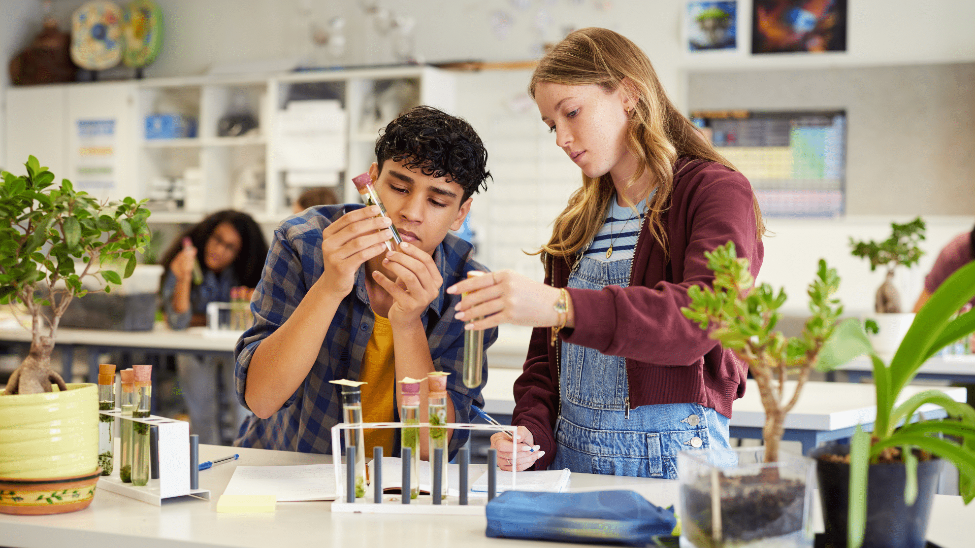 Two high school students carefully examining test tubes in a science classroom, demonstrating curiosity and collaboration during a lab experiment.