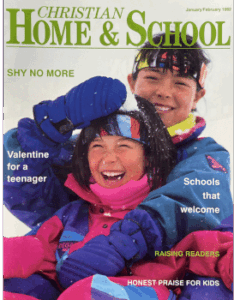 Cover image from the January/February 1992 edition of Christian Home and School Magazine, featuring two children playing in the snow.