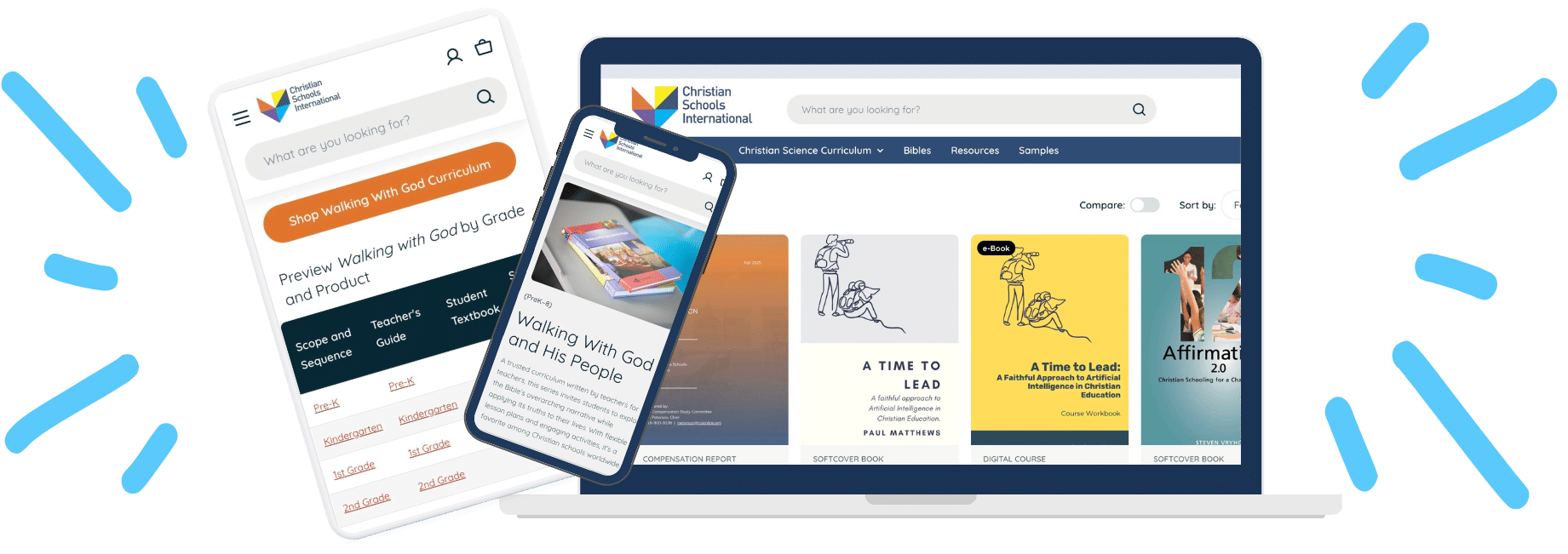 Design of the new store site look with views on desktop, mobile, and tablet devices