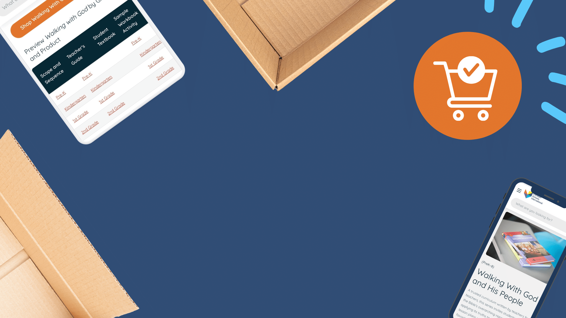 A navy background with images of the CSI store website on a tablet and mobile phone, surrounded by boxes and a shopping cart icon.