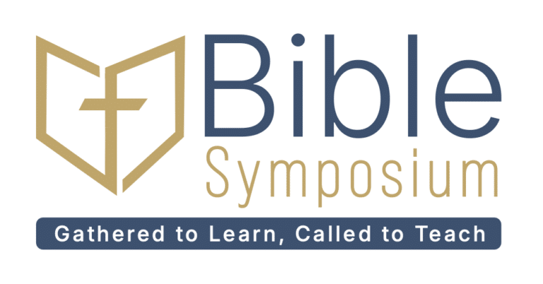 Logo for Bible Symposium with a gold graphic of a cross on an open book with the name: Bible Symposium and tagline copy: Gathere to Learn, Called to Teach