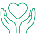 Green graphic of hands holding heart