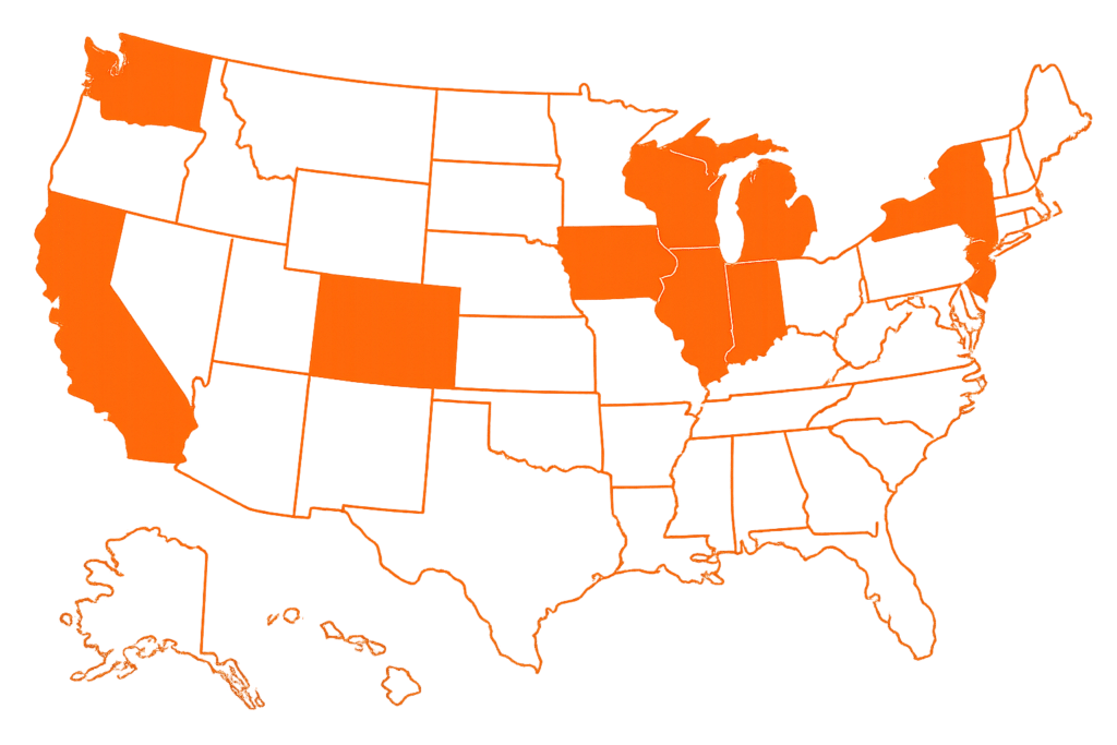 Map of US map with select states filled in