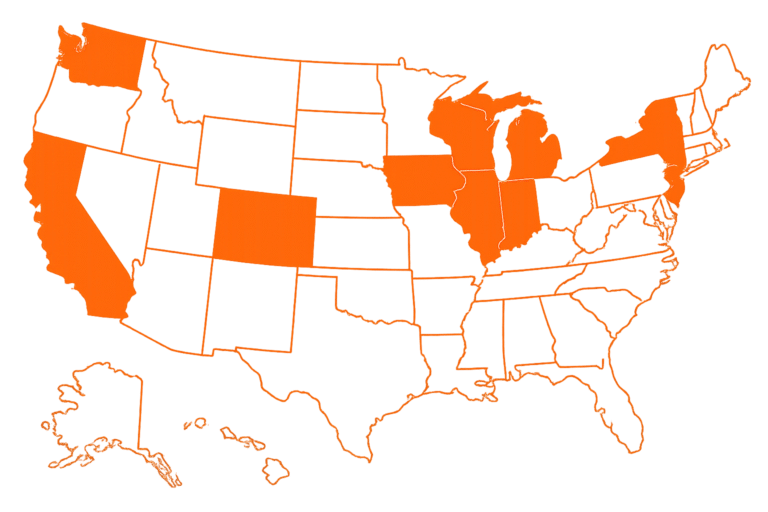 Map of US map with select states filled in